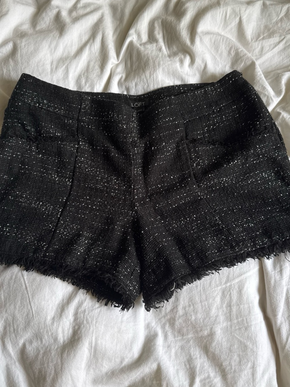 LOFT Black Tweed High-Waist Frayed Hem Shorts
